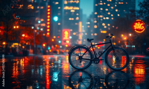 City bike parked on rain-slicked street at night. photo