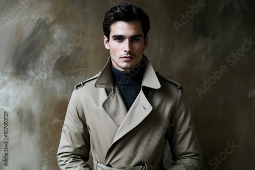 Stylish man in elegant trench coat exudes confidence against mut