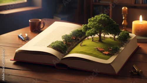 An open book on a wooden desk reveals a miniature grassy scene with trees. It is in a collection of illustrations marked as generative AI.