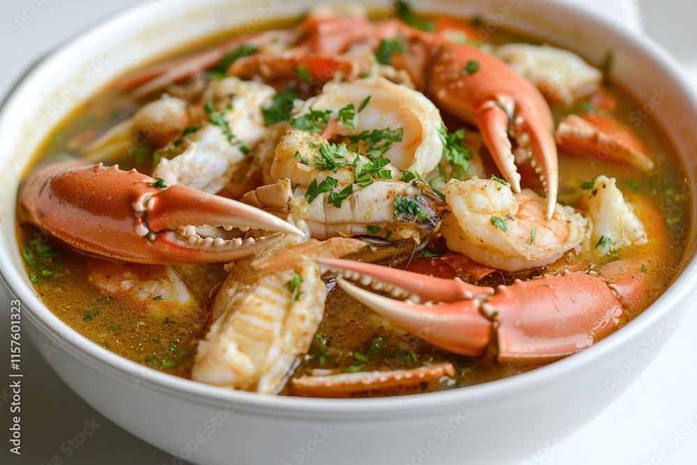 Savory seafood stew filled with fresh shrimp and crab, garnished