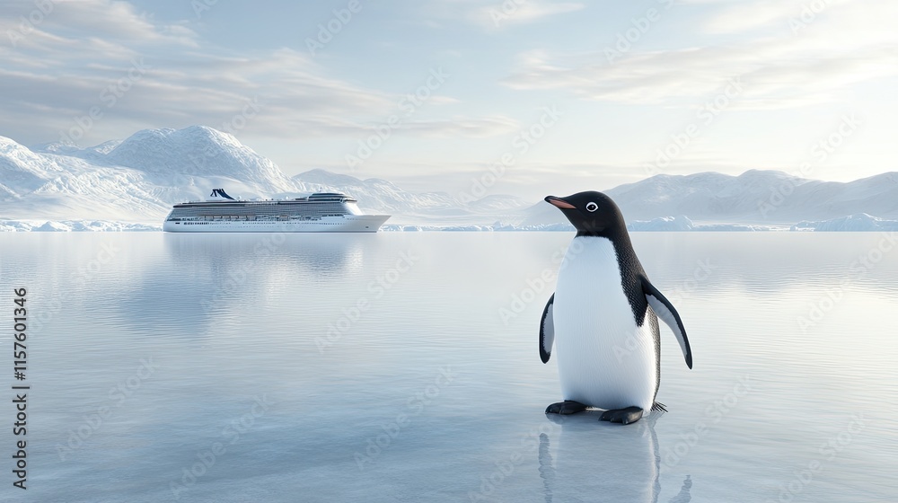 Obraz premium A fluffy penguin stands on a stone edge while a large cruise ship rests in the calm blue water, surrounded by magnificent snowy mountains