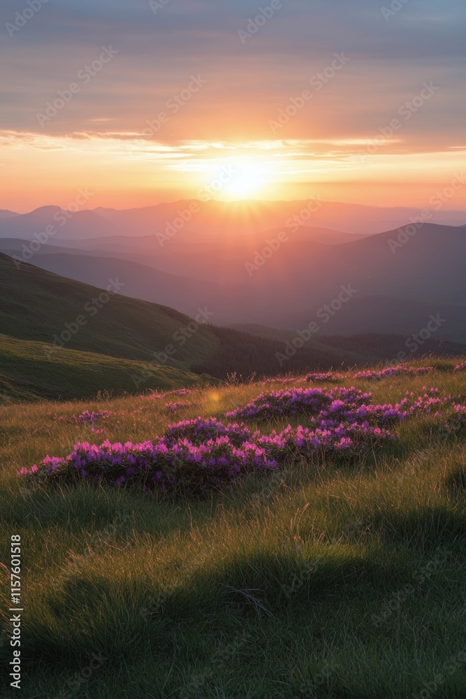 Fototapeta premium Sunset casts warm light over vibrant wildflowers on rolling hills in the countryside