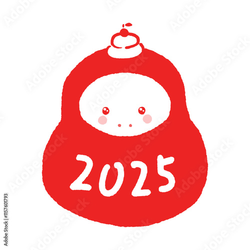 鏡餅を頭に乗せた福だるまの着ぐるみを着たかわいいヘビ - 巳年 /2025年の干支の年賀状素材