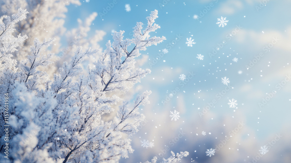 Delicate snowflakes drift down, accumulating on frost-covered branches against a backdrop of a crisp blue sky, creating a peaceful winter atmosphere. Delicate snowflakes drift down, accumulating on frost-covered branches against a backdrop of a crisp blue sky, creating a peaceful winter atmosphere.