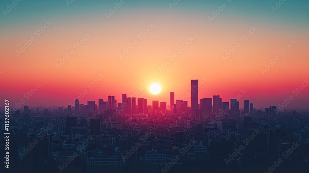 A minimalist silhouette of a skyline with the sun setting in the background. A minimalist silhouette of a skyline with the sun setting in the background.