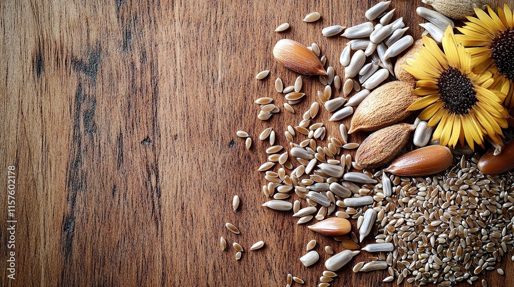 Natural seeds and nuts scattered on rustic wooden surface with f Natural seeds and nuts scattered on rustic wooden surface with f