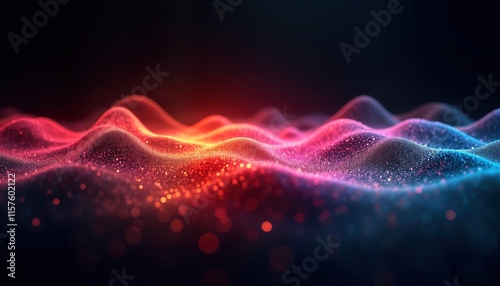 Colorful digital sound wave visualization. Abstract design with vibrant colors on dark background. Dynamic, colorful motion graphic. Waveform illustrates frequencies, data flow. Great for tech