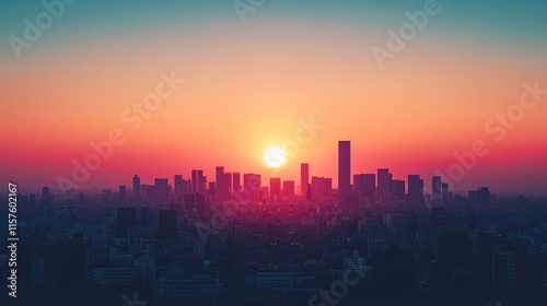 A minimalist silhouette of a skyline with the sun setting in the background.