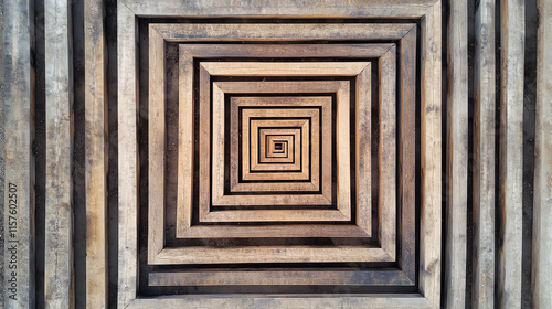 Aerial view of stacked wooden planks arranged in perfect symmetry, creating an industrial yet organic vibe, geometric natural, construction material photo