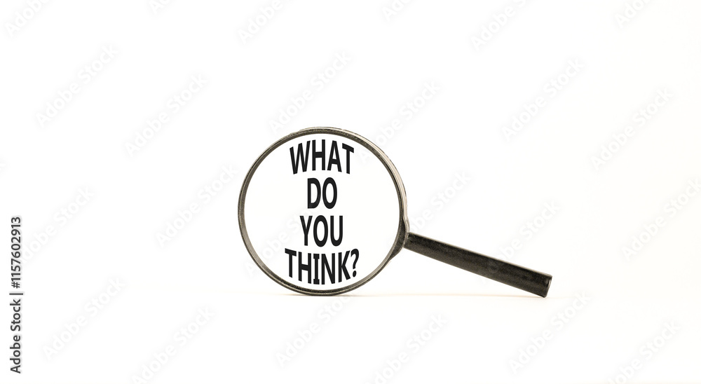 What do you think symbol. Concept words What do you think on beautiful magnifying glass. Beautiful white table white background. Business and What do you think concept. Copy space. What do you think symbol. Concept words What do you think on beautiful magnifying glass. Beautiful white table white background. Business and What do you think concept. Copy space.