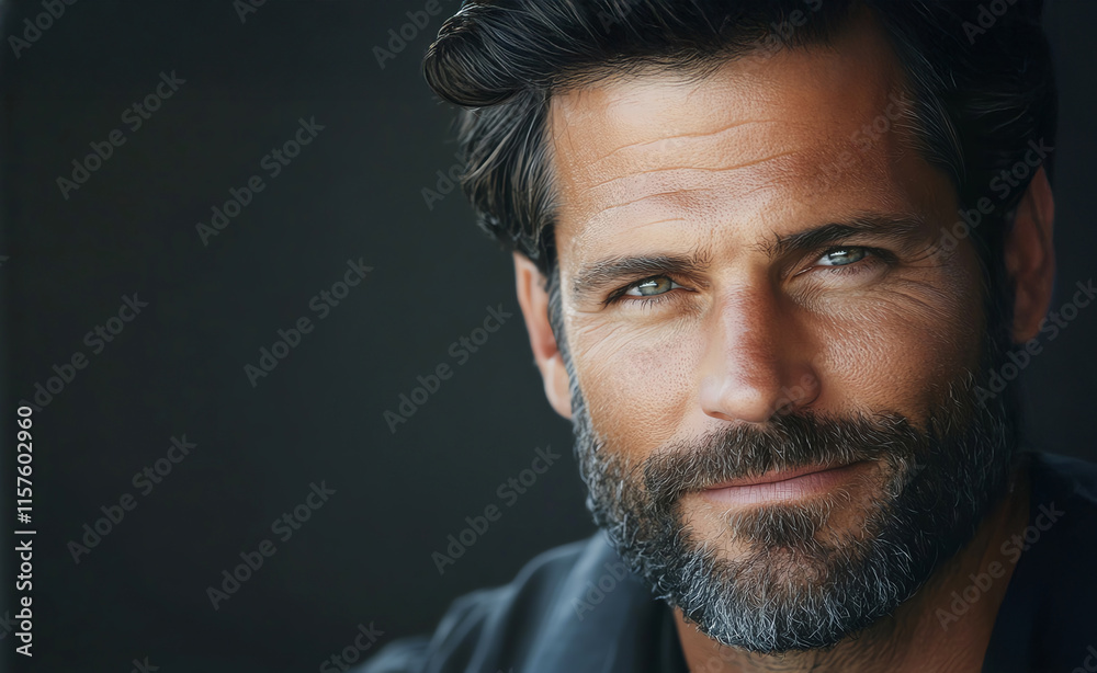 Closeup of a man with a confident smirk, beard and hair perfectly styled, natural lighting for a polished yet casual vibe