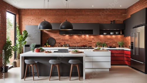 A well-lit modern kitchen with a brick accent wall is shown. This image is for a stock photo website with a focus on AI generated content.