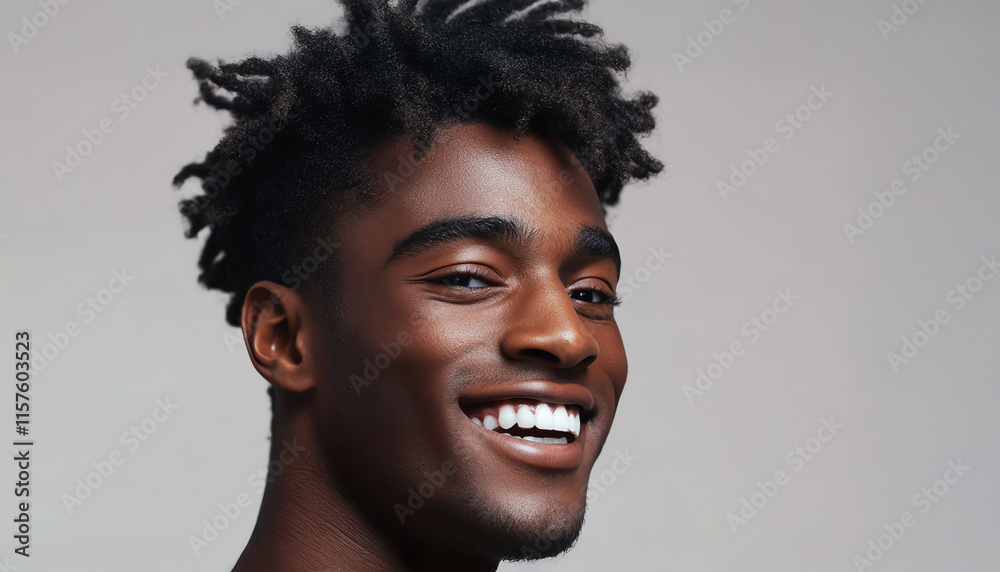Obraz premium Confident male model showcasing grooming foam, gentle smile and natural lighting, minimalist studio setting