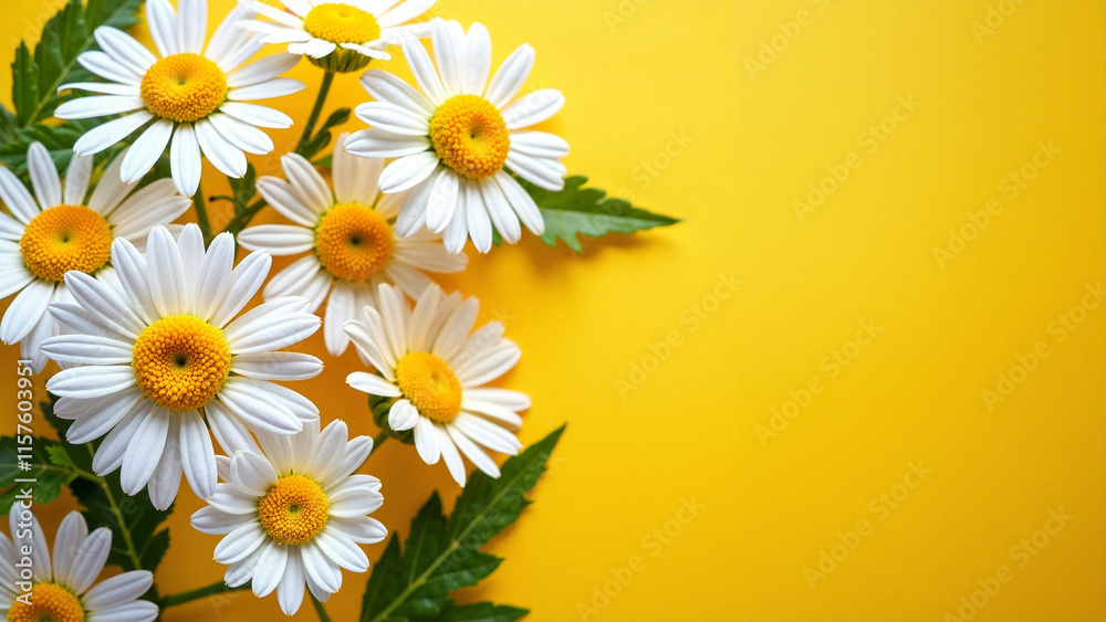 Vibrant Chamomile Flowers on Yellow: Flat Lay Stock Photo for Spring Branding, Wellness Blogs, and Natural Product Packaging Vibrant Chamomile Flowers on Yellow: Flat Lay Stock Photo for Spring Branding, Wellness Blogs, and Natural Product Packaging