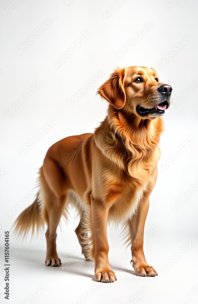 Golden retriever dog stands in studio. Animal looking upward. Dog happy expression. Image on transparent background with shadow. Image closeup portrait. Animal healthy, adorable. Pet well-groomed. Golden retriever dog stands in studio. Animal looking upward. Dog happy expression. Image on transparent background with shadow. Image closeup portrait. Animal healthy, adorable. Pet well-groomed.