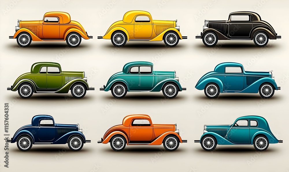 Naklejka premium Retro luxury car icons, elegant designs showcasing classic automotive aesthetics, vibrant colors, intricate details, nostalgic charm and style.