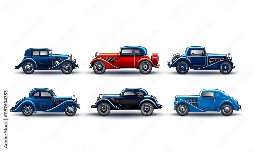 Naklejka premium Retro luxury car icons collection, showcasing elegant designs and vintage aesthetics, perfect for enthusiasts and graphic projects.