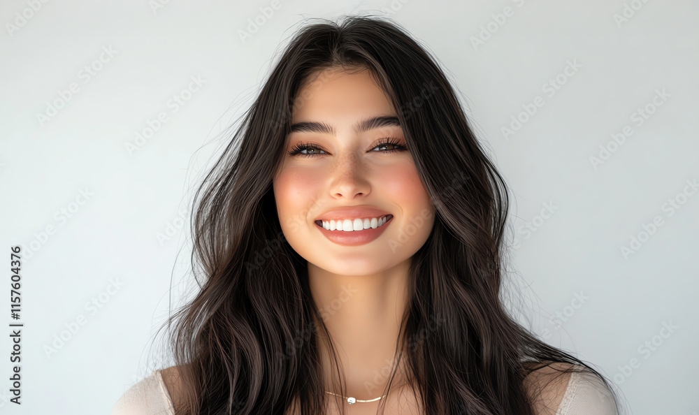 Elegant model with long, glossy hair cascading over her shoulders, radiant complexion, and confident smile, minimalist white background Elegant model with long, glossy hair cascading over her shoulders, radiant complexion, and confident smile, minimalist white background