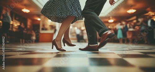 Couple dancing swing dance in vintage ballroom.