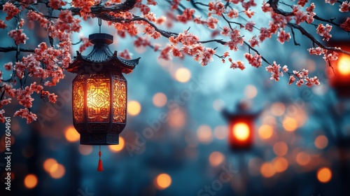 Celebrating chinese new year festive lanterns oriental background vibrant atmosphere close-up view cultural richness photo