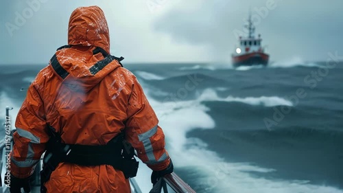 Snow is falling on a seaman wearing an orange survival suit while standing on the deck of a ship and watching a rescue boat approaching in the rough sea