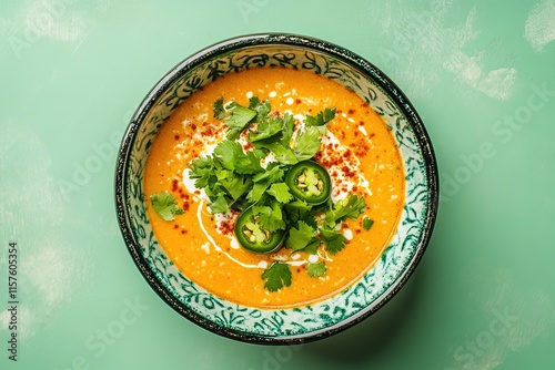 Vibrant orange soup garnished with fresh herbs and sliced jalape photo