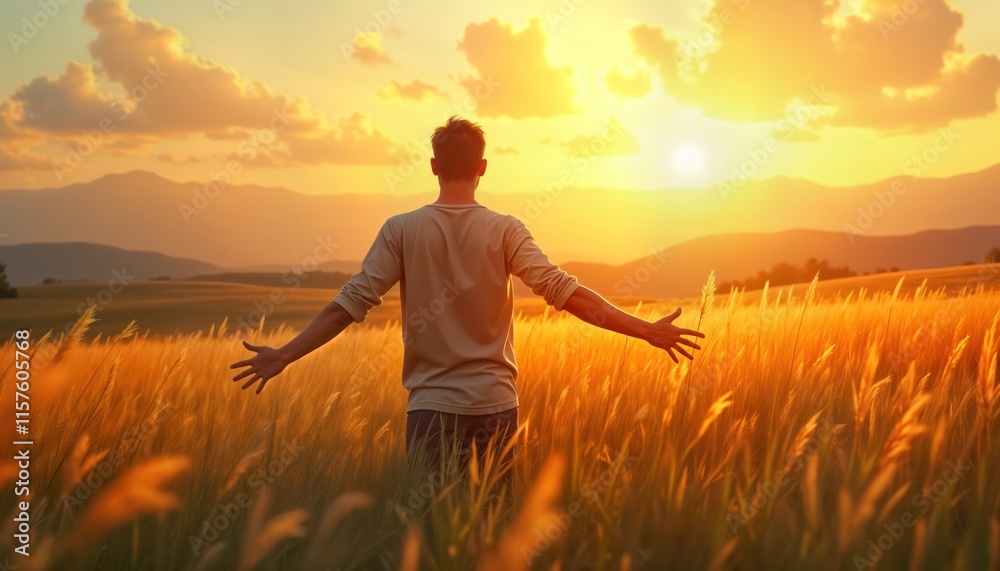 Fototapeta premium Man stands in golden meadow enjoying sunset. Feels free, successful. Happily embracing nature. Rural landscape at summertime. Peaceful scene. Man focused on horizon. Calm, relaxed. Inspiring.