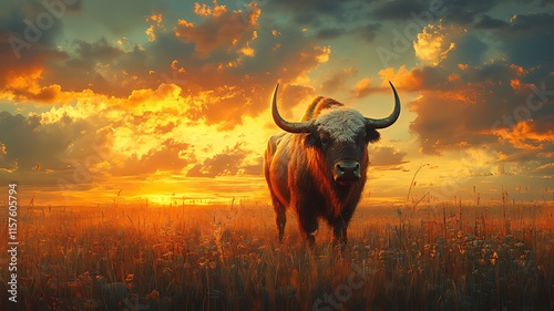 Majestic yak stands in a golden sunset field.
