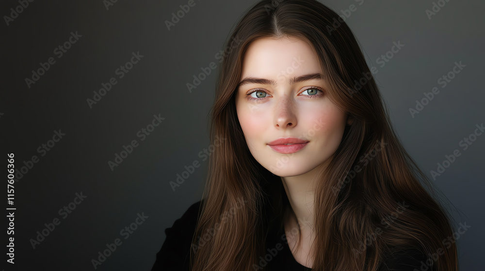 Soft and radiant portrait of a model with long, straight brown hair, her pose emphasizing the smooth texture and shine Soft and radiant portrait of a model with long, straight brown hair, her pose emphasizing the smooth texture and shine