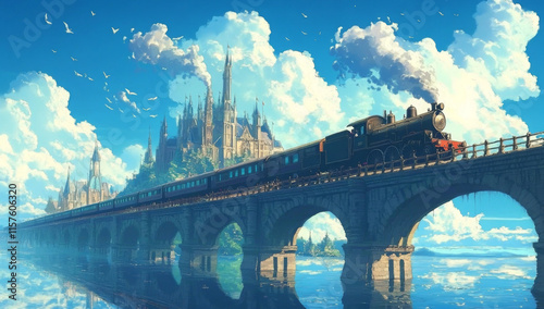 A train chugged along a neverending track passing through surreal landscapes and magical cities. 