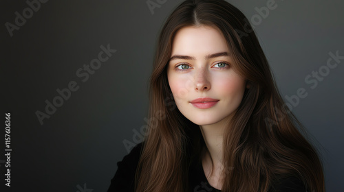 Soft and radiant portrait of a model with long, straight brown hair, her pose emphasizing the smooth texture and shine