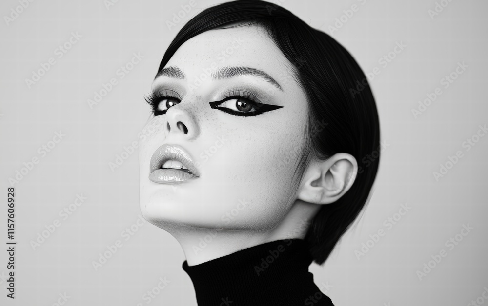 A high-fashion portrait of a woman with bold eyeliner and a sleek hairstyle, taken with a telephoto lens against a minimalist studio backdrop A high-fashion portrait of a woman with bold eyeliner and a sleek hairstyle, taken with a telephoto lens against a minimalist studio backdrop