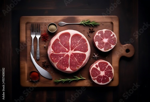 Raw prime steaks. Variety of fresh black angus prime meat steaks T-bone, New York, Ribeye, Striploin, Tomahawk cutting board on black or dark background. Set of various classic steaks. Top view. photo