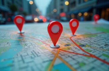 Map with multiple red location pins. City map shows routes, destinations. GPS technology, route planning concept. Innovation in transport logistics. New address location, pinpoint navigation. Future