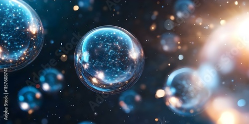 A scene depicting luminous, translucent bubbles filled with stars and cosmic elements, set against a dark, shimmering background. Concept Luminous Bubbles, Cosmic Elements photo