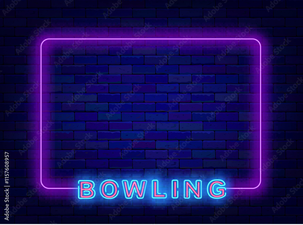 Bowling neon advertising. Geometric purple frame with space for text. Shiny banner. Vector stock illustration Bowling neon advertising. Geometric purple frame with space for text. Shiny banner. Vector stock illustration