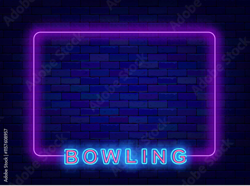 Bowling neon advertising. Geometric purple frame with space for text. Shiny banner. Vector stock illustration