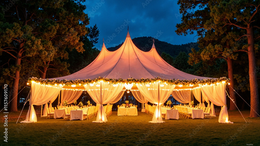 Enchanting Wedding Tent at Night: Romantic Outdoor Celebration Illuminated by Warm Glow for Event Planning Enchanting Wedding Tent at Night: Romantic Outdoor Celebration Illuminated by Warm Glow for Event Planning