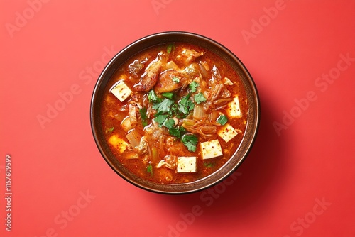 Vibrant bowl of spicy stew featuring tofu, herbs, and tender mea photo