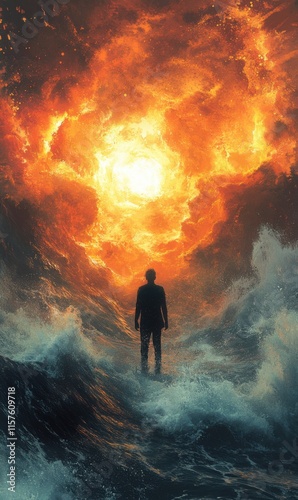 Mysterious figure standing in turbulent ocean with fiery sky at dusk