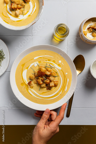 Creamy cauliflower curry soup with croutons and rosemary photo