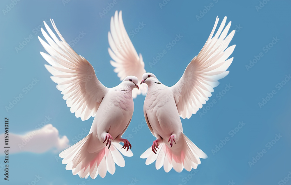 Obraz premium A pair of white doves is a symbol of love and peace in bright sunlight against a blue sky.
