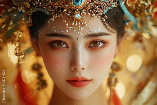 Captivating portrait features intricate adornments, vibrant colo