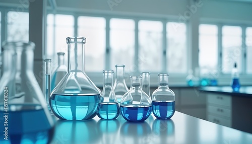 Modern lab interior shows various clear glass beakers, flasks filled with blue liquid. Clean bright room with many windows. Focus on labware. Research scientific study likely taking place. Future