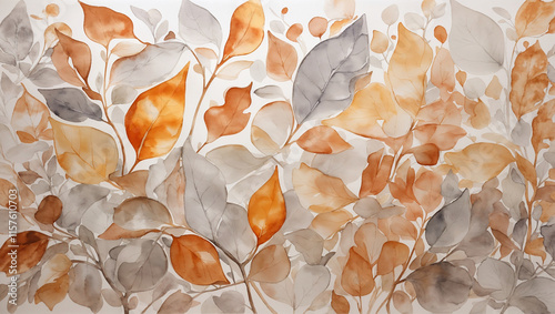A watercolor illustration of scattered autumn leaves fills the frame. Various muted oranges and grays combine to create a warm, botanical pattern.