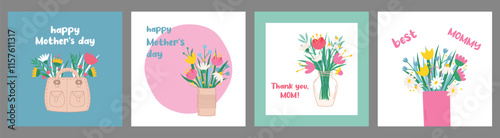 Set of greeting cards for Mother's Day with beautiful blooming flowers, bouquets. Vector illustration with inscriptions