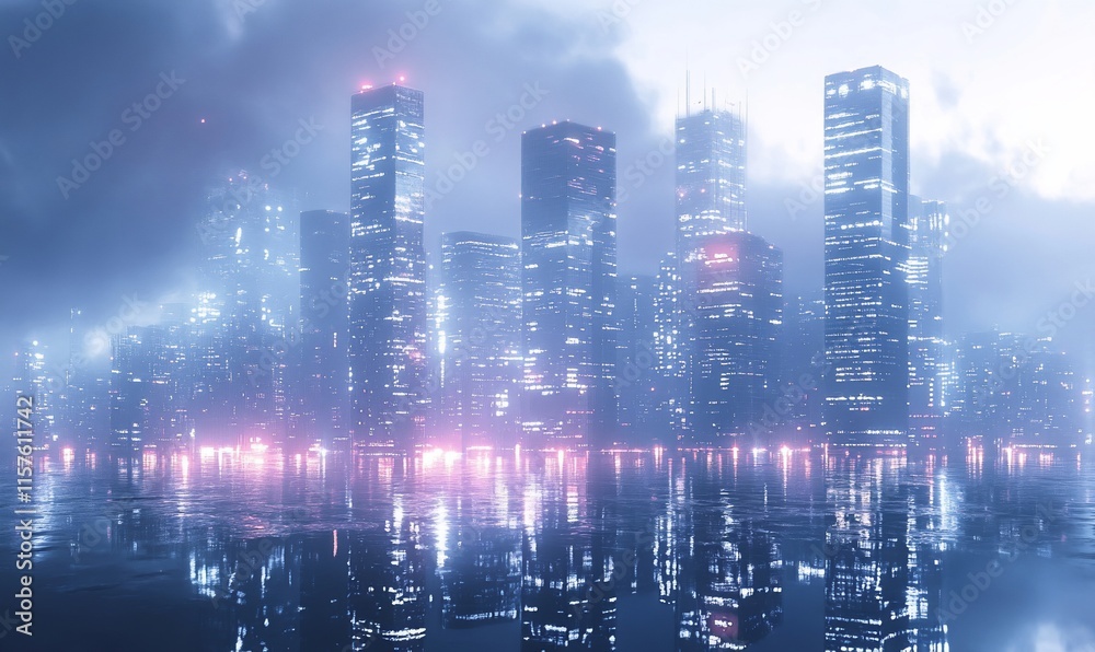 Fototapeta premium Futuristic city skyline reflected in water at night. (2)