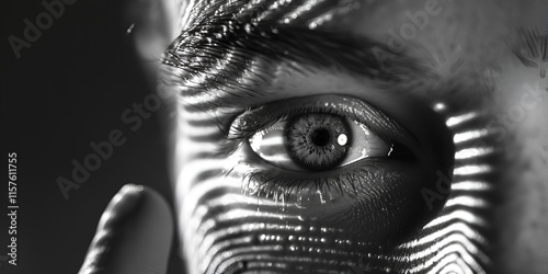 Black and white close-up of a human eye with biometric scanning lines, symbolizing advanced identity verification

