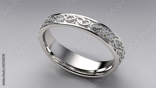 This is a close up of a detailed, white gold wedding band. It is shown with repeating ornate patterns and several small inset gems.