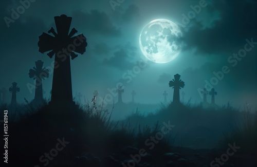 Eerie moonlit graveyard shrouded in mist. Dark crosses mark silent tombs. Haunting night scene under eerie glow of full moon. Abandoned, overgrown cemetery whispers tales of forgotten souls. photo